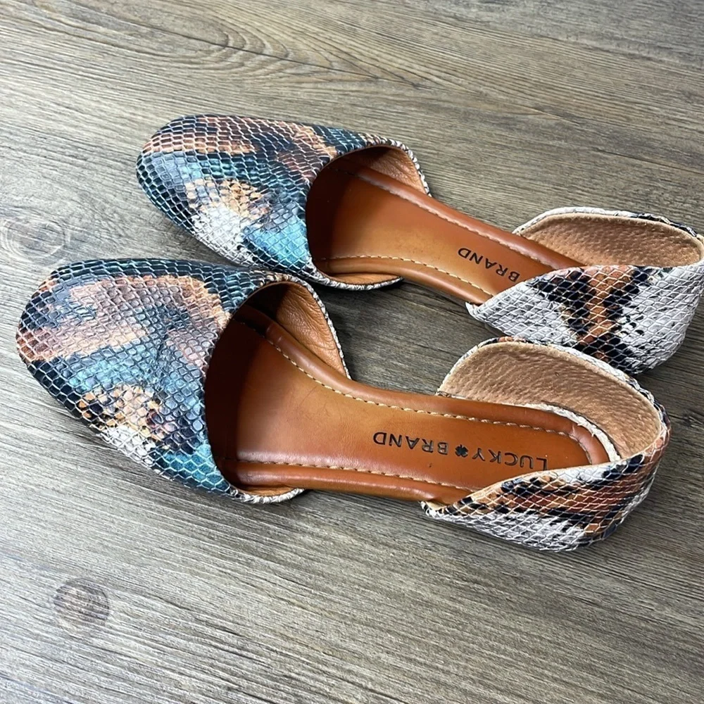 Lucky Brand Women’s DROWE Leather D'Orsay Flats  Tan Black Teal Snake Print, 6 - Picture 5 of 9